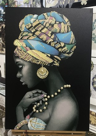 Simli Kanvas Tablo Siyah Zeminli İnci Kolyeli Afrikalı Kadın 