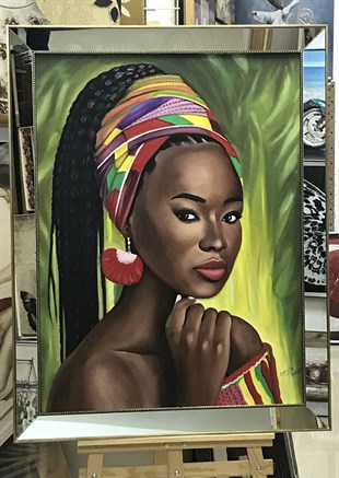 Yağlı Boya Tablo Ayna Çerçeveli Renkli Bandanalı Afrikalı Kız